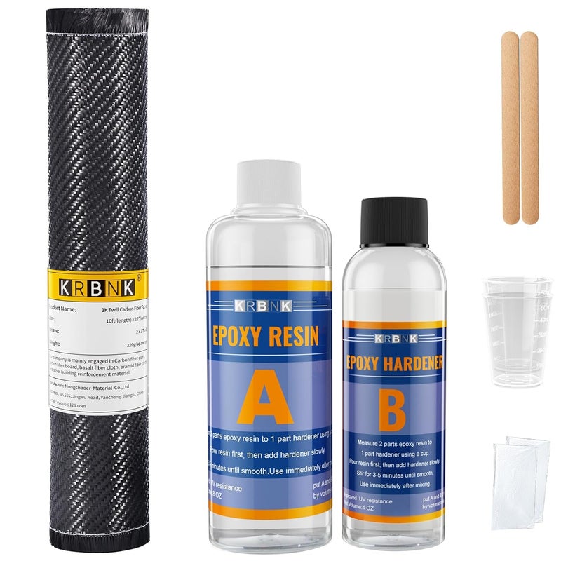Krbnk 10FT Carbon Fiber Repair Kit, 12" Carbon Fabric Fiber Cloth Roll, 8OZ Epoxy Resin 4OZ Hardener, DIY Carbon Fiber Fabric Sheet Fibra de Carbono para Carro - Image 1